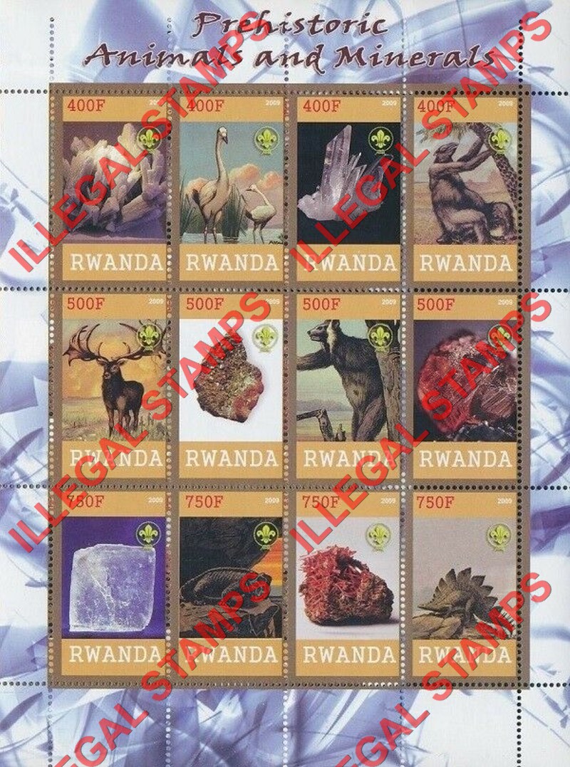 Rwanda 2009 Prehistoric Animals and Minerals Illegal Stamp Sheet of 12
