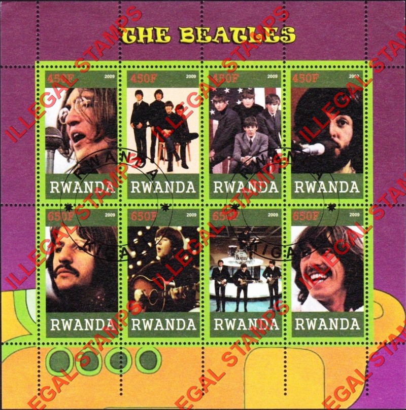 Rwanda 2009 The Beatles Illegal Stamp Sheet of 8