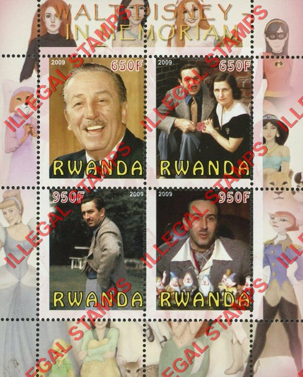 Rwanda 2009 Walt Disney Memoriam Illegal Stamp Souvenir Sheet of 4