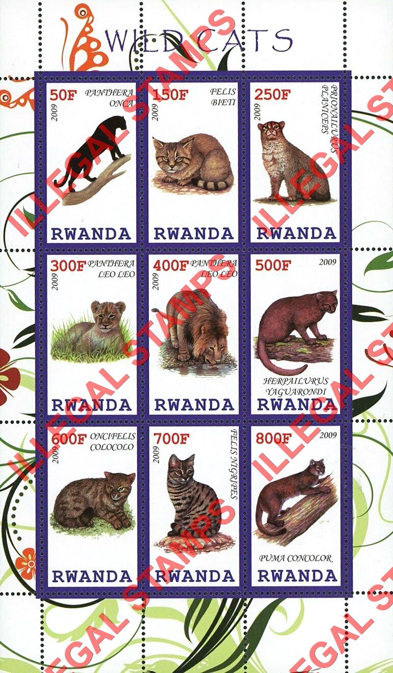 Rwanda 2009 Wild Cats Illegal Stamp Sheet of 9