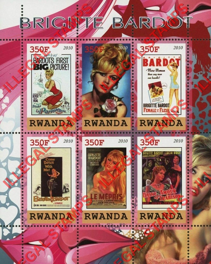 Rwanda 2010 Brigitte Bardot Illegal Stamp Souvenir Sheet of 6