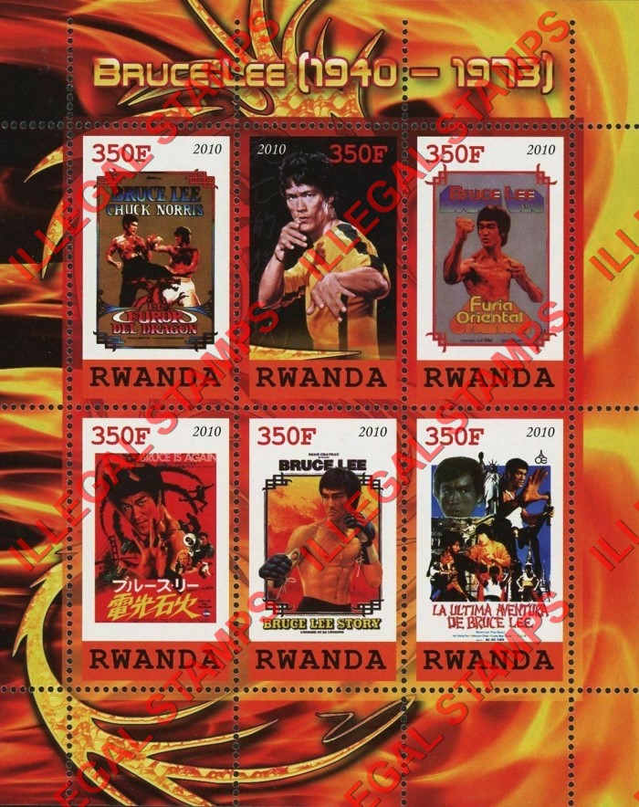 Rwanda 2010 Bruce Lee Illegal Stamp Souvenir Sheet of 6