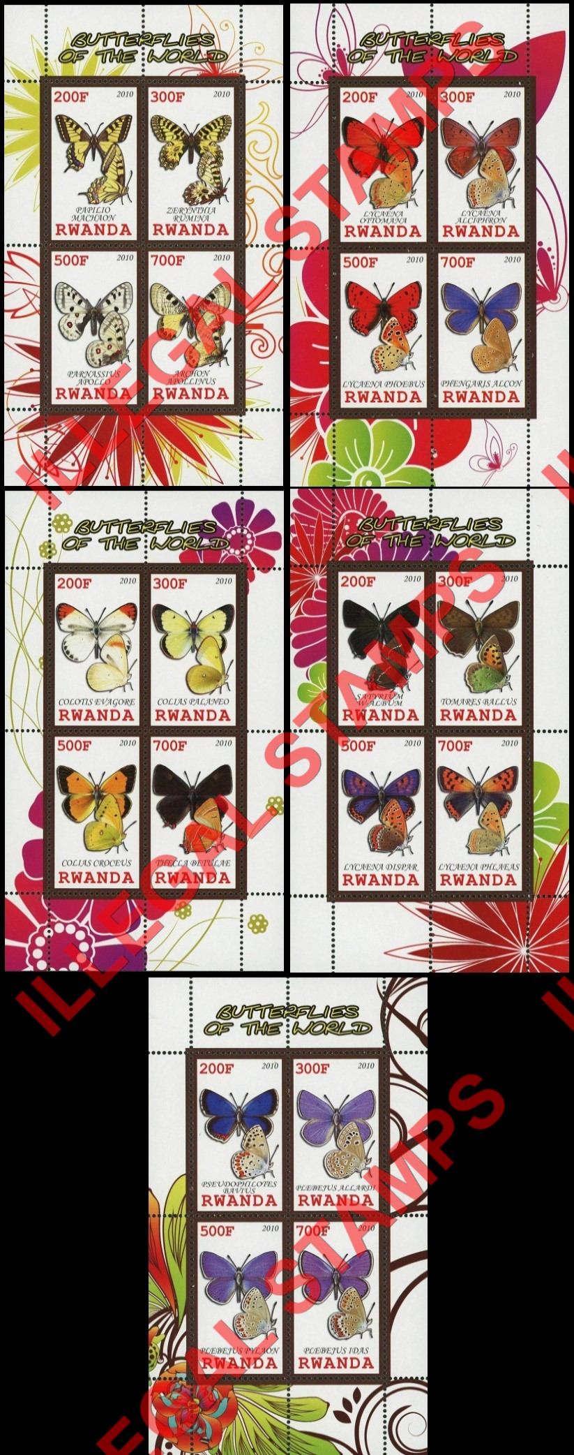 Rwanda 2010 Butterflies of the World Illegal Stamp Souvenir Sheets of 4