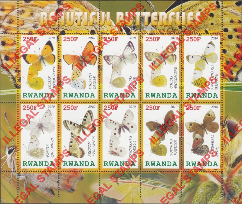 Rwanda 2010 Butterflies Illegal Stamp Sheet of 10