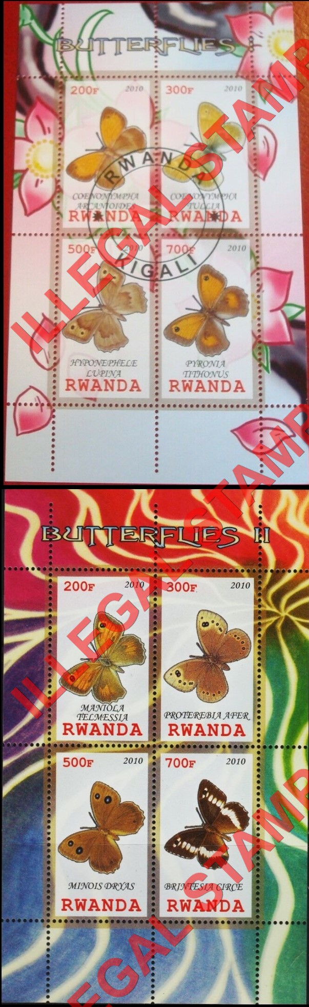 Rwanda 2010 Butterflies Illegal Stamp Souvenir Sheets of 4