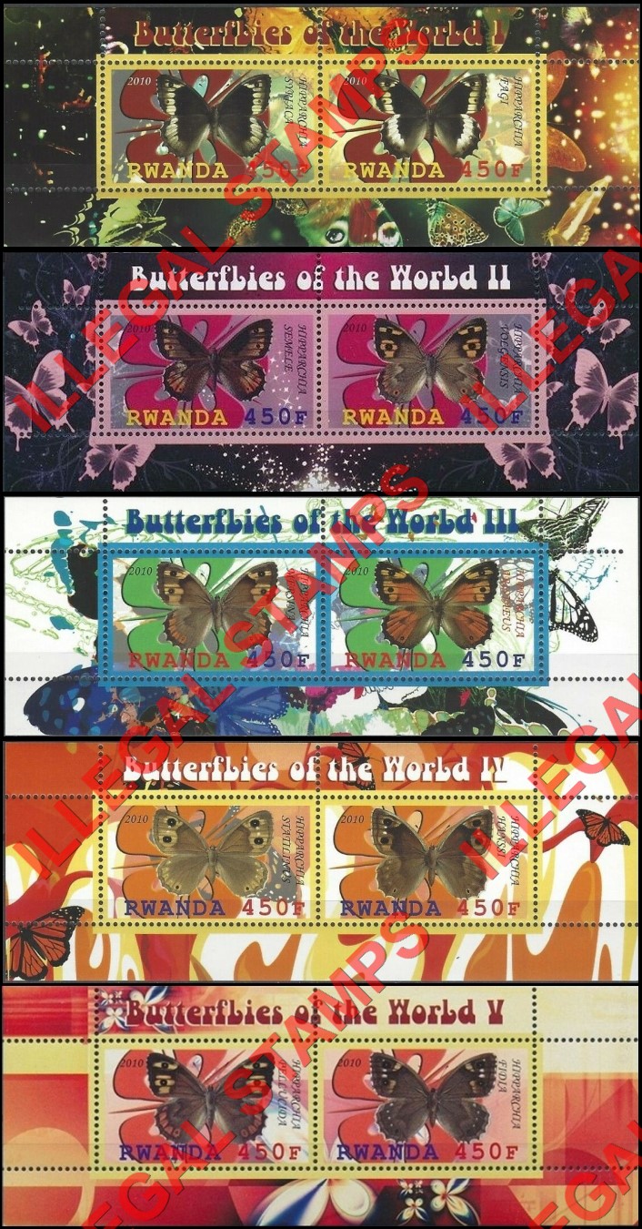Rwanda 2010 Butterflies Illegal Stamp Souvenir Sheets of 2