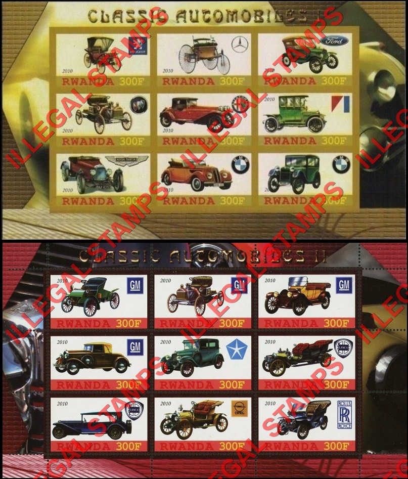 Rwanda 2010 Classic Automobiles Cars Illegal Stamp Sheets of 9