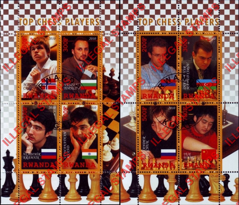 Rwanda 2010 Chess Top Players Illegal Stamp Souvenir Sheets of 4