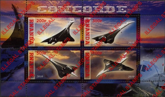 Rwanda 2010 Concorde Illegal Stamp Souvenir Sheet of 4