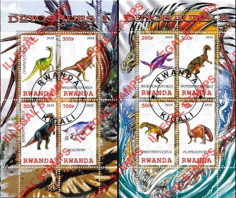 Rwanda 2010 Dinosaurs Illegal Stamp Souvenir Sheets of 4