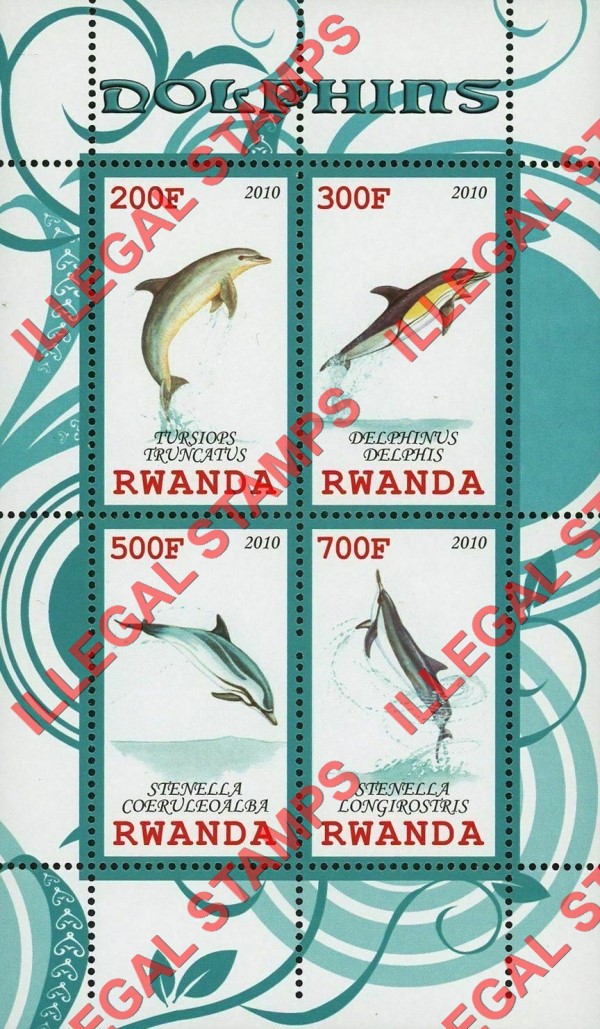 Rwanda 2010 Dolphins Illegal Stamp Souvenir Sheet of 4