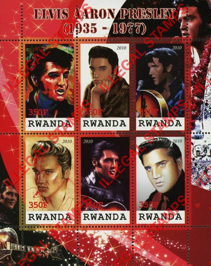 Rwanda 2010 Elvis Presley Illegal Stamp Souvenir Sheet of 6