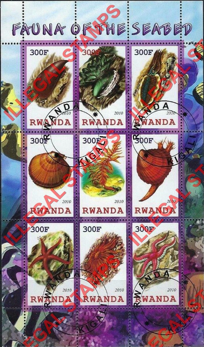 Rwanda 2010 Fauna of the Seabed Illegal Stamp Sheet of 9