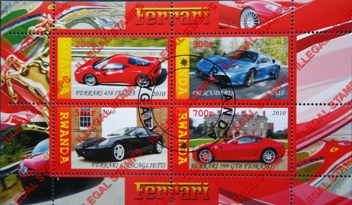 Rwanda 2010 Ferrari Illegal Stamp Souvenir Sheet of 4
