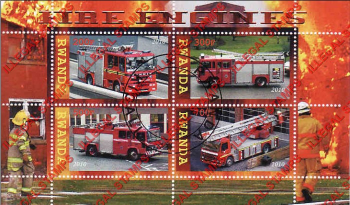 Rwanda 2010 Fire Engines Illegal Stamp Souvenir Sheet of 4
