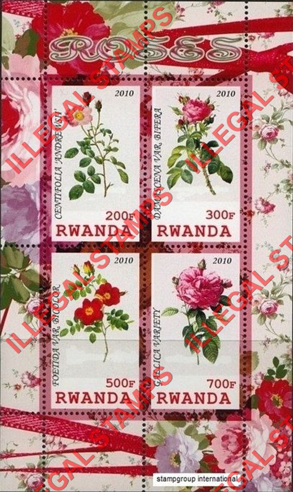 Rwanda 2010 Flowers Roses Illegal Stamp Souvenir Sheet of 4