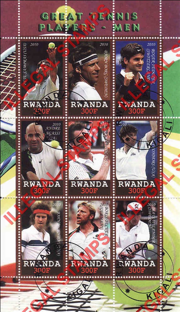 Rwanda 2010 Great Tennis Players Men Illegal Stamp Sheet of 9