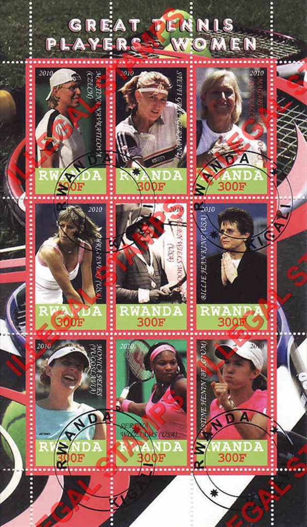 Rwanda 2010 Great Tennis Players Women Illegal Stamp Sheet of 9