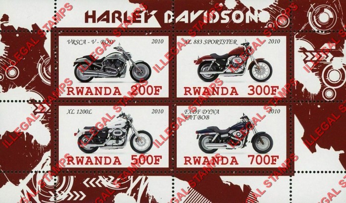 Rwanda 2010 Harley Davidson Motorcycles Illegal Stamp Souvenir Sheet of 4