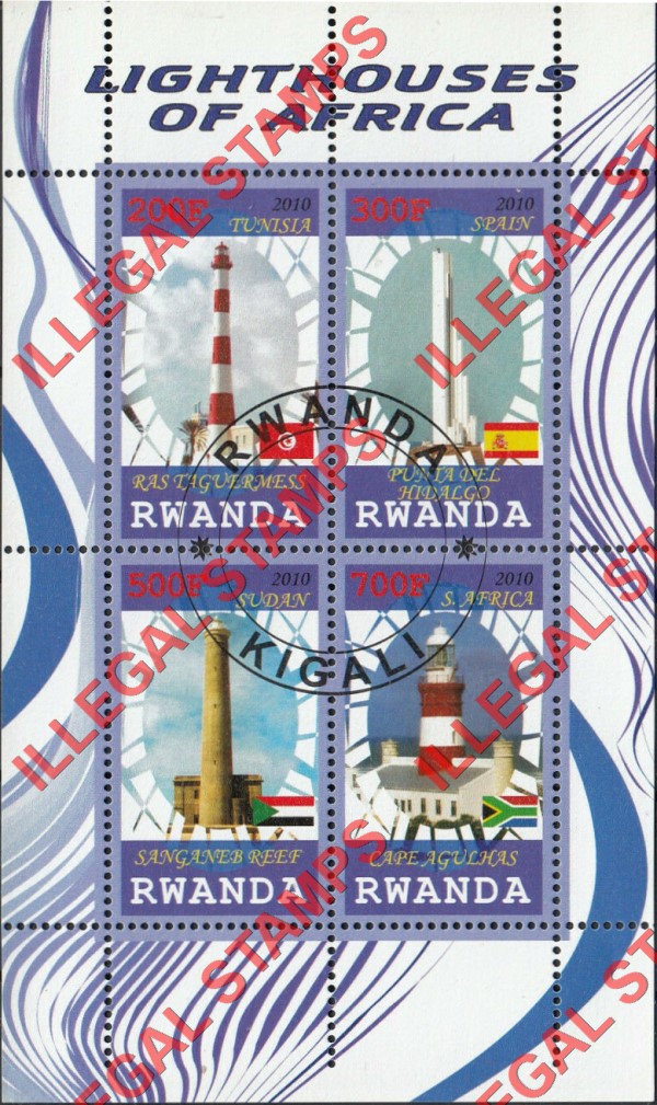 Rwanda 2010 Lighthouses of Africa Illegal Stamp Souvenir Sheet of 4