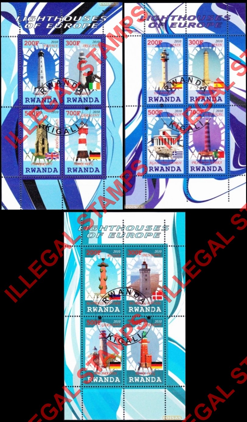 Rwanda 2010 Lighthouses of Europe Illegal Stamp Souvenir Sheets of 4
