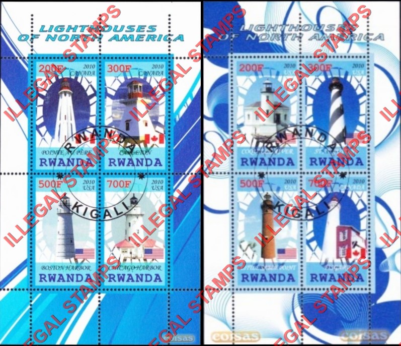 Rwanda 2010 Lighthouses of North America Illegal Stamp Souvenir Sheets of 4