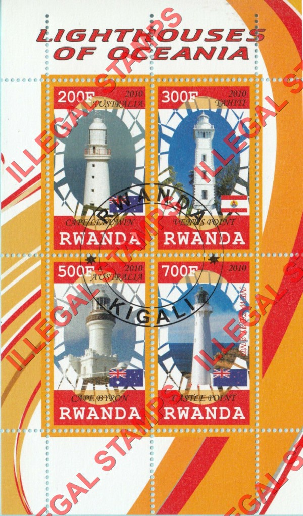Rwanda 2010 Lighthouses of Oceania Illegal Stamp Souvenir Sheet of 4