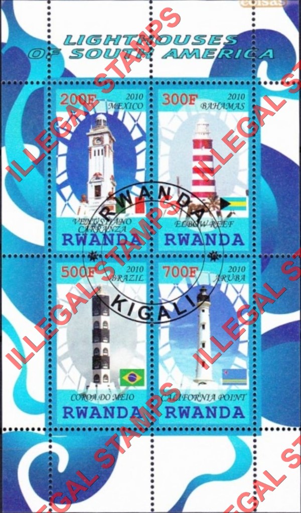 Rwanda 2010 Lighthouses of South America Illegal Stamp Souvenir Sheet of 4