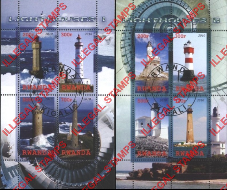 Rwanda 2010 Lighthouses Illegal Stamp Souvenir Sheets of 4