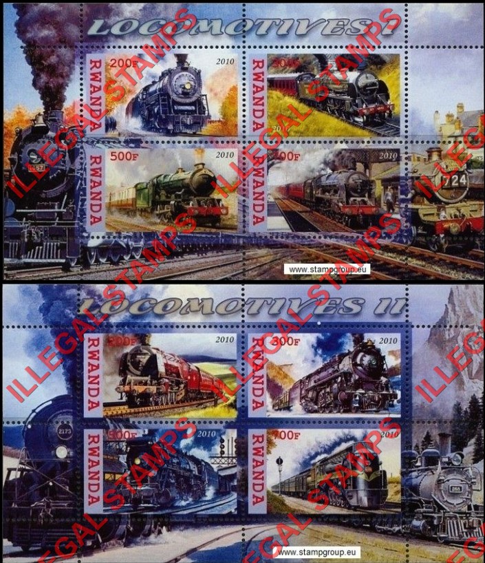 Rwanda 2010 Locomotives Illegal Stamp Souvenir Sheets of 4