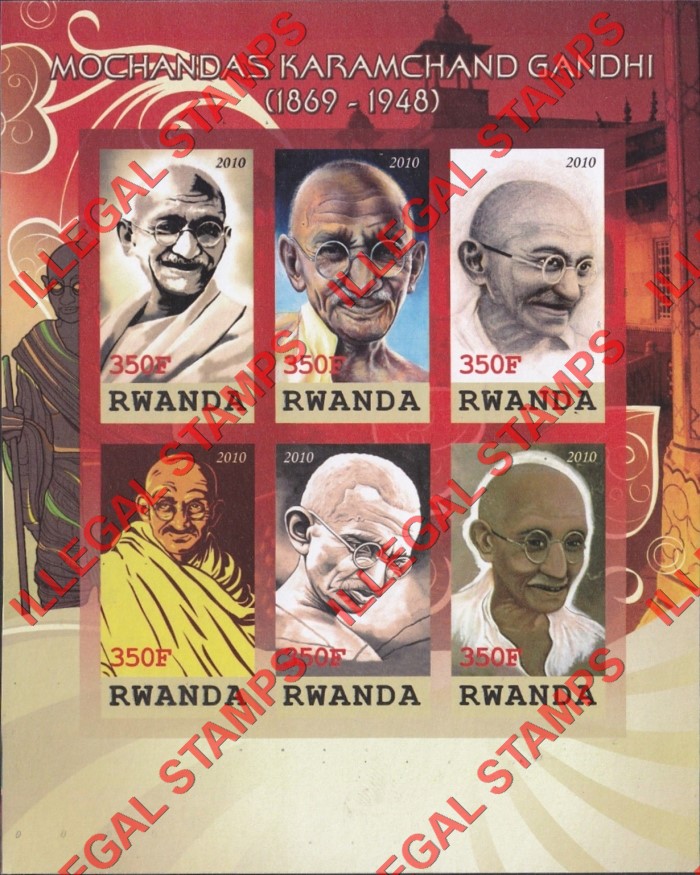 Rwanda 2010 Mahatma Gandhi Illegal Stamp Souvenir Sheet of 6