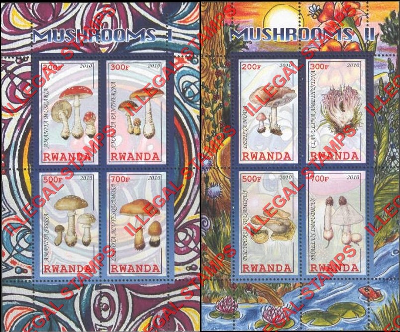 Rwanda 2010 Mushrooms Illegal Stamp Souvenir Sheets of 4