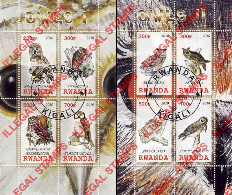 Rwanda 2010 Owls Illegal Stamp Souvenir Sheets of 4
