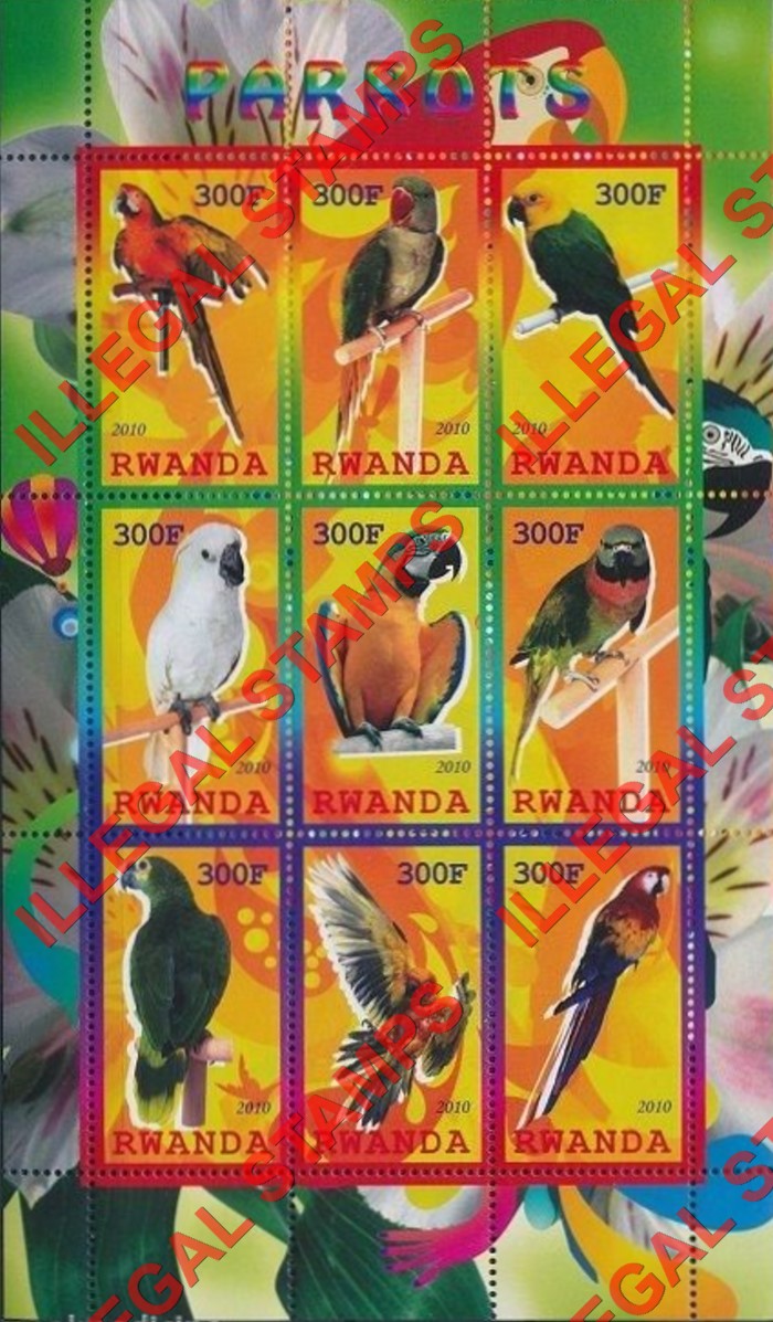 Rwanda 2010 Parrots Illegal Stamp Sheet of 9