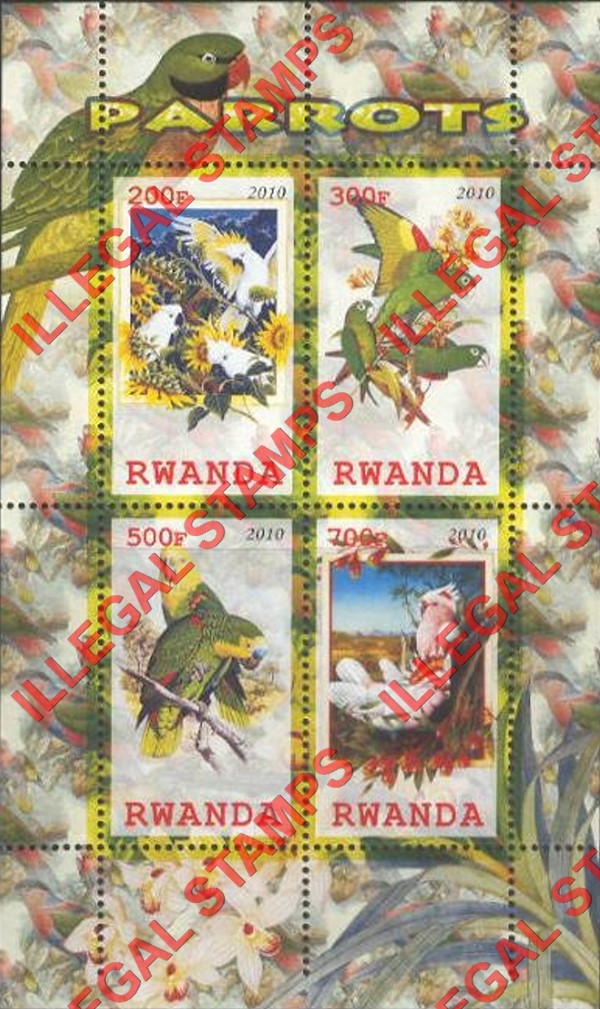Rwanda 2010 Parrots Illegal Stamp Souvenir Sheet of 4