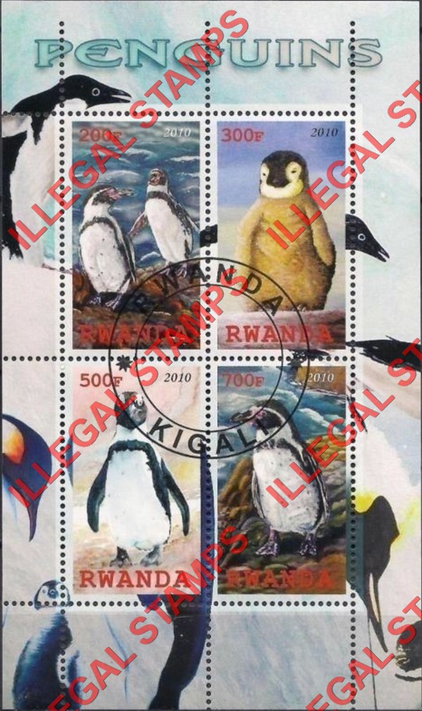 Rwanda 2010 Penguins Illegal Stamp Souvenir Sheet of 4
