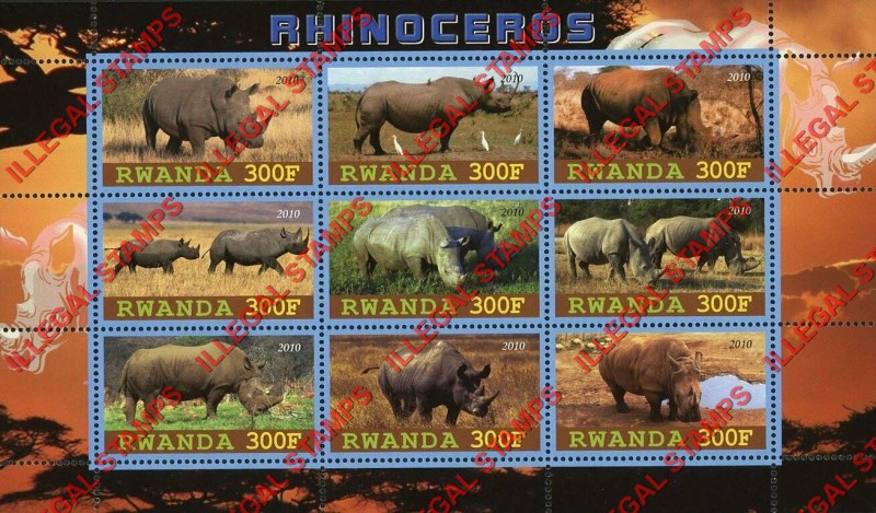 Rwanda 2010 Rhinoceros Illegal Stamp Sheet of 9