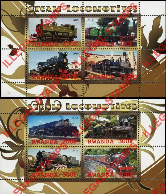 Rwanda 2010 Steam Locomotives Illegal Stamp Souvenir Sheets of 4