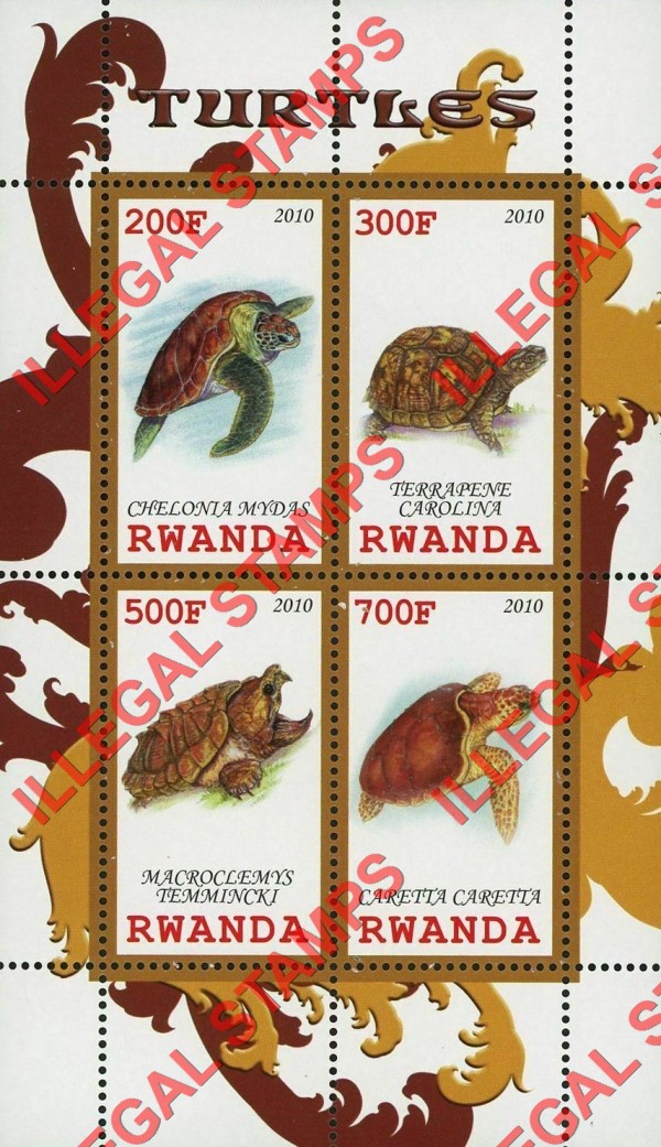 Rwanda 2010 Turtles Illegal Stamp Souvenir Sheet of 4