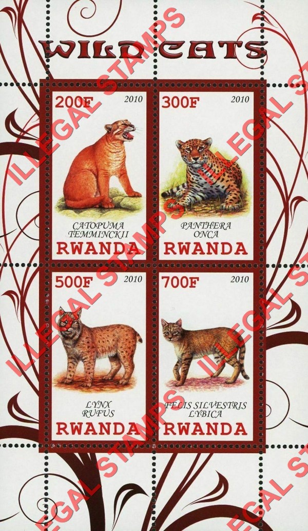 Rwanda 2010 Wild Cats Illegal Stamp Souvenir Sheet of 4