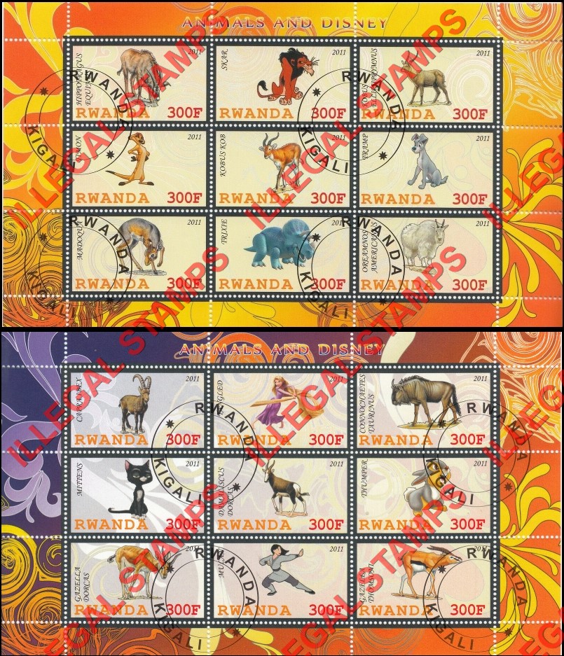 Rwanda 2011 Animals and Disney Characters Illegal Stamp Sheets of 9 (Part 1)