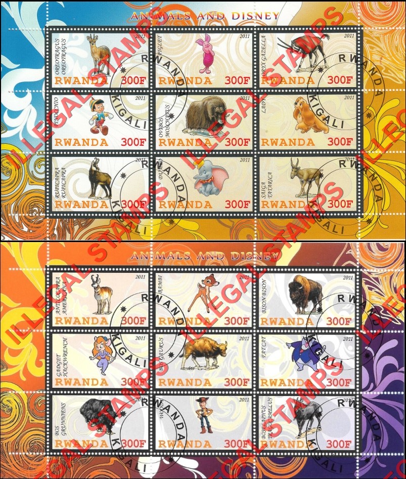 Rwanda 2011 Animals and Disney Characters Illegal Stamp Sheets of 9 (Part 2)