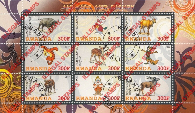 Rwanda 2011 Animals and Disney Characters Illegal Stamp Sheets of 9 (Part 3)