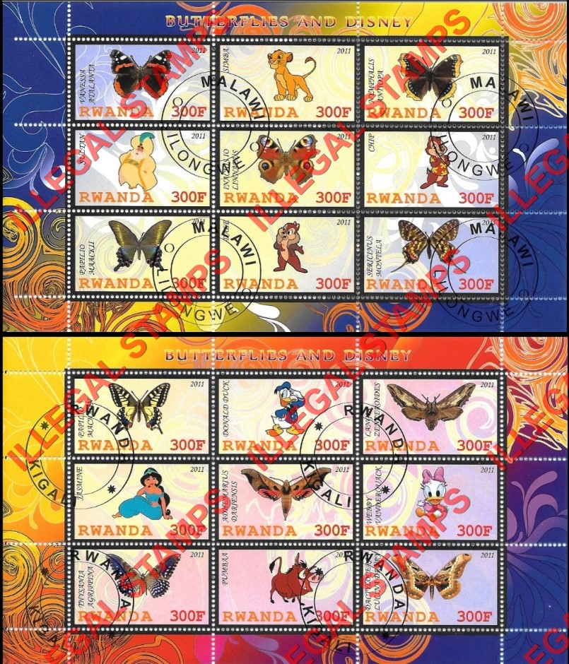 Rwanda 2011 Butterflies and Disney Characters Illegal Stamp Sheets of 9 (Part 1)