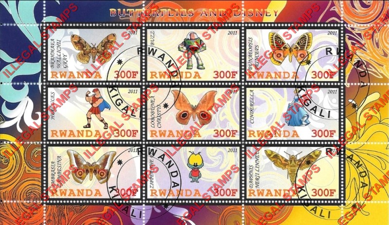 Rwanda 2011 Butterflies and Disney Characters Illegal Stamp Sheets of 9 (Part 2)