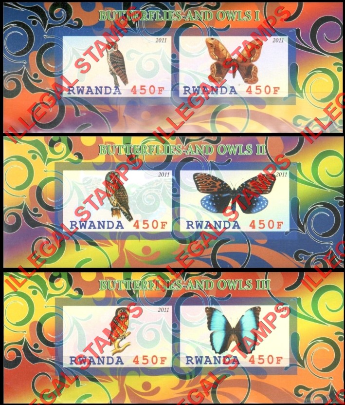 Rwanda 2011 Butterflies and Owls Illegal Stamp Souvenir Sheets of 2 (Part 1)