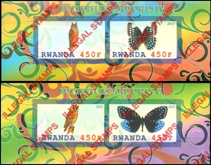 Rwanda 2011 Butterflies and Owls Illegal Stamp Souvenir Sheets of 2 (Part 2)