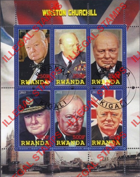Rwanda 2011 Winston Churchill Illegal Stamp Souvenir Sheet of 6