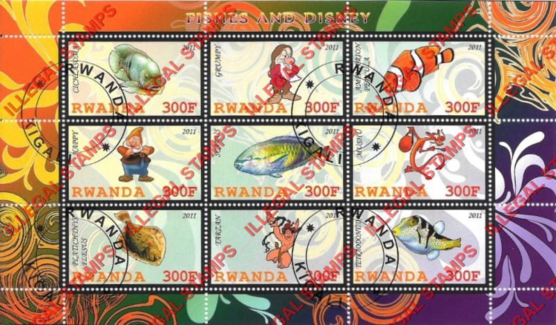 Rwanda 2011 Fish and Disney Characters Illegal Stamp Sheet of 9