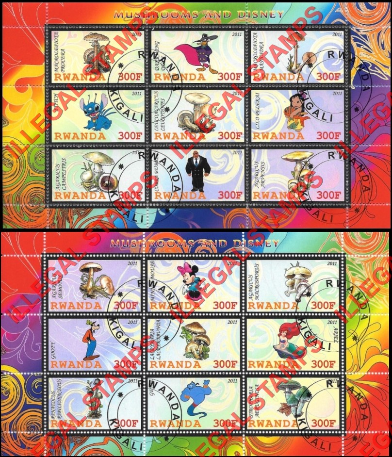 Rwanda 2011 Mushrooms and Disney Characters Illegal Stamp Sheets of 9 (Part 1)
